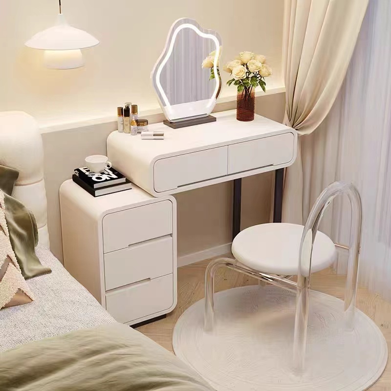 实木烤漆梳妆台卧室简约现代小型家用迷你轻法奶油风化妆桌梳妆台