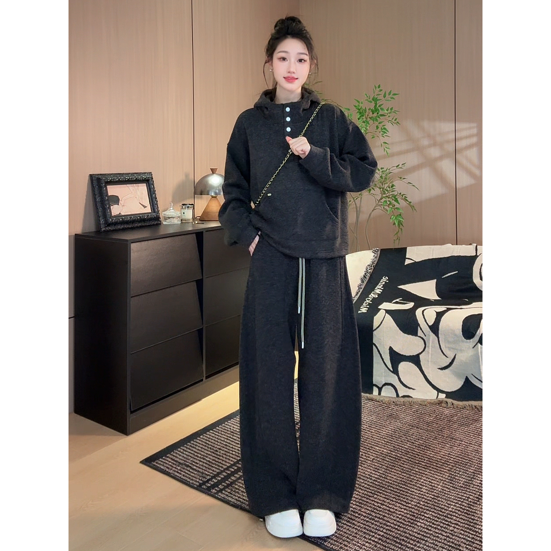 【mus订制~连帽款】秋冬加绒加厚连帽纽扣外套弯刀裤两件套装88998