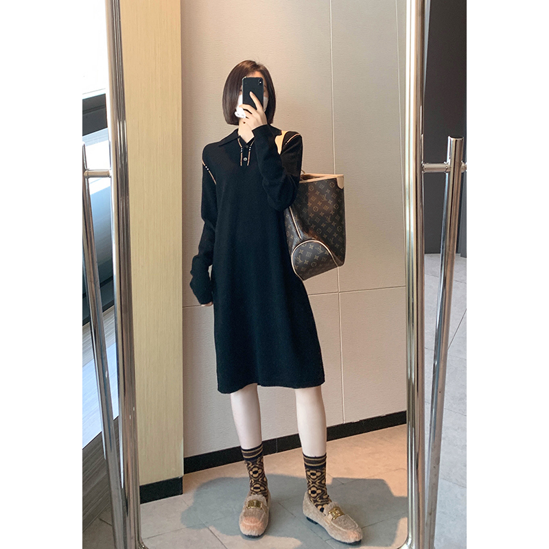漫颜刘美利奴羊毛针织连衣裙2021冬季新品中长款拼接圆领A字裙