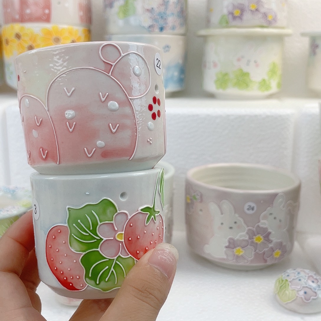 手绘手工白泥花盆22 