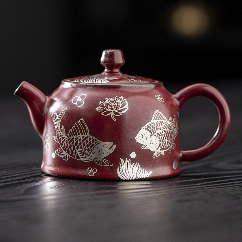 原矿老岩泥陶瓷鱼藻纹井栏壶泡茶壶家用办公正把茶壶功夫茶具205