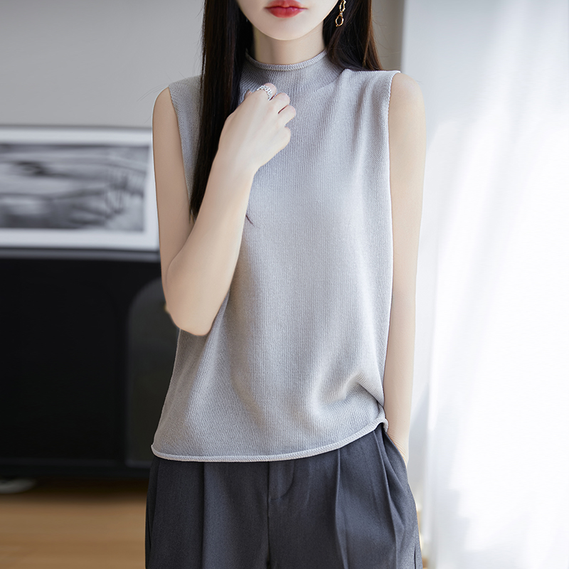 夏款莱赛尔天丝亚麻卷边小半高针织无袖背心凉感麻爽百搭打底上衣