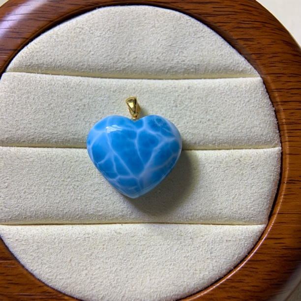 天然海纹石爱心吊坠18k金镶嵌火山蓝龟背纹收藏级款