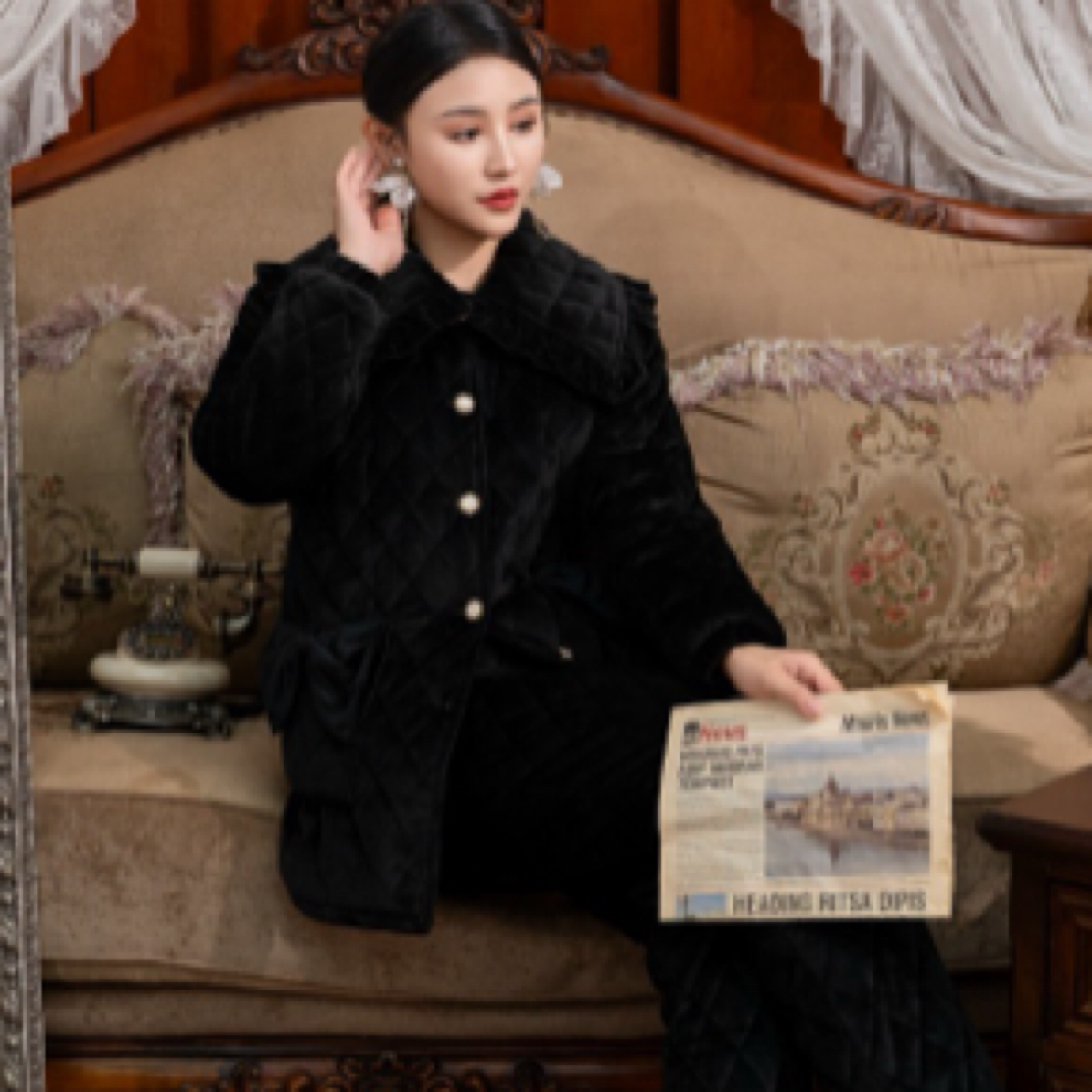 WL202435邑夏公主婴儿绒口袋蝴蝶结三层夹棉加厚睡衣套装