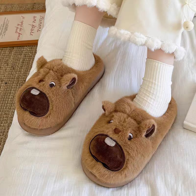 秋冬新款可爱土拨鼠情侣秋冬居家室内棉拖鞋厚底加厚防滑
