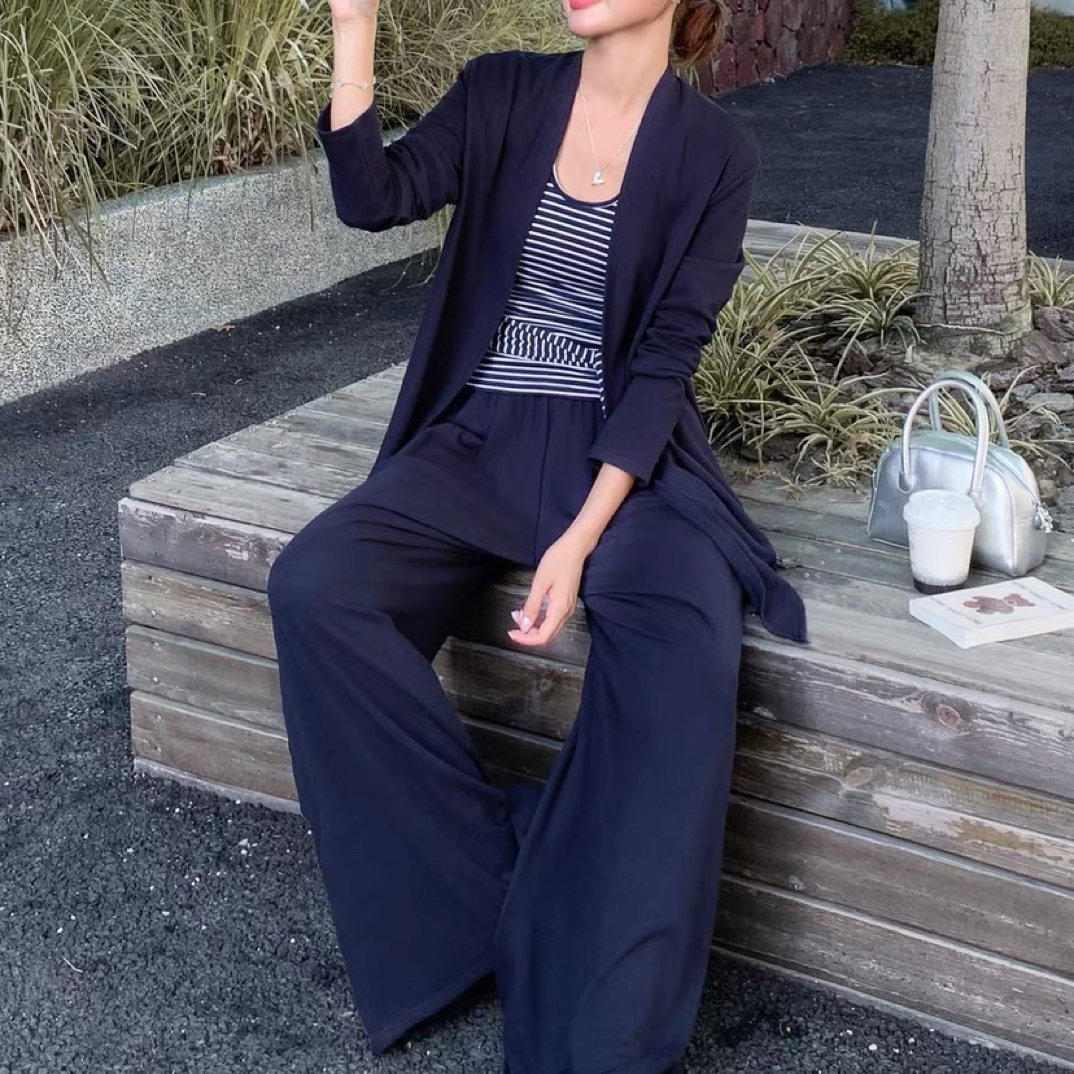 藏青色慵懒风开衫条纹挂脖背心阔腿裤套装三件套女早春秋韩系穿搭