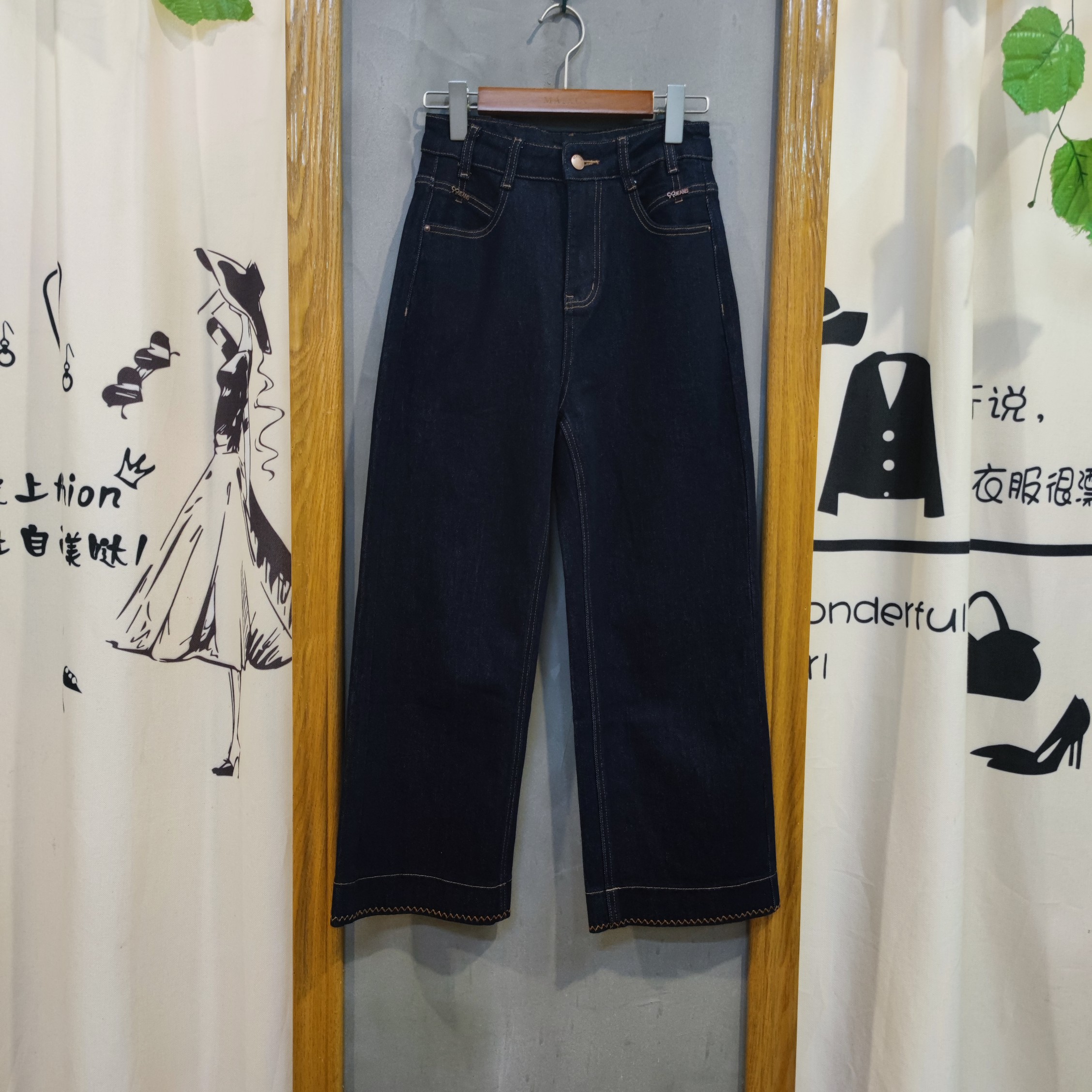 麦寻KCNHS35B秋新款小个子高腰九分宽松显瘦直筒藏青蓝牛仔裤