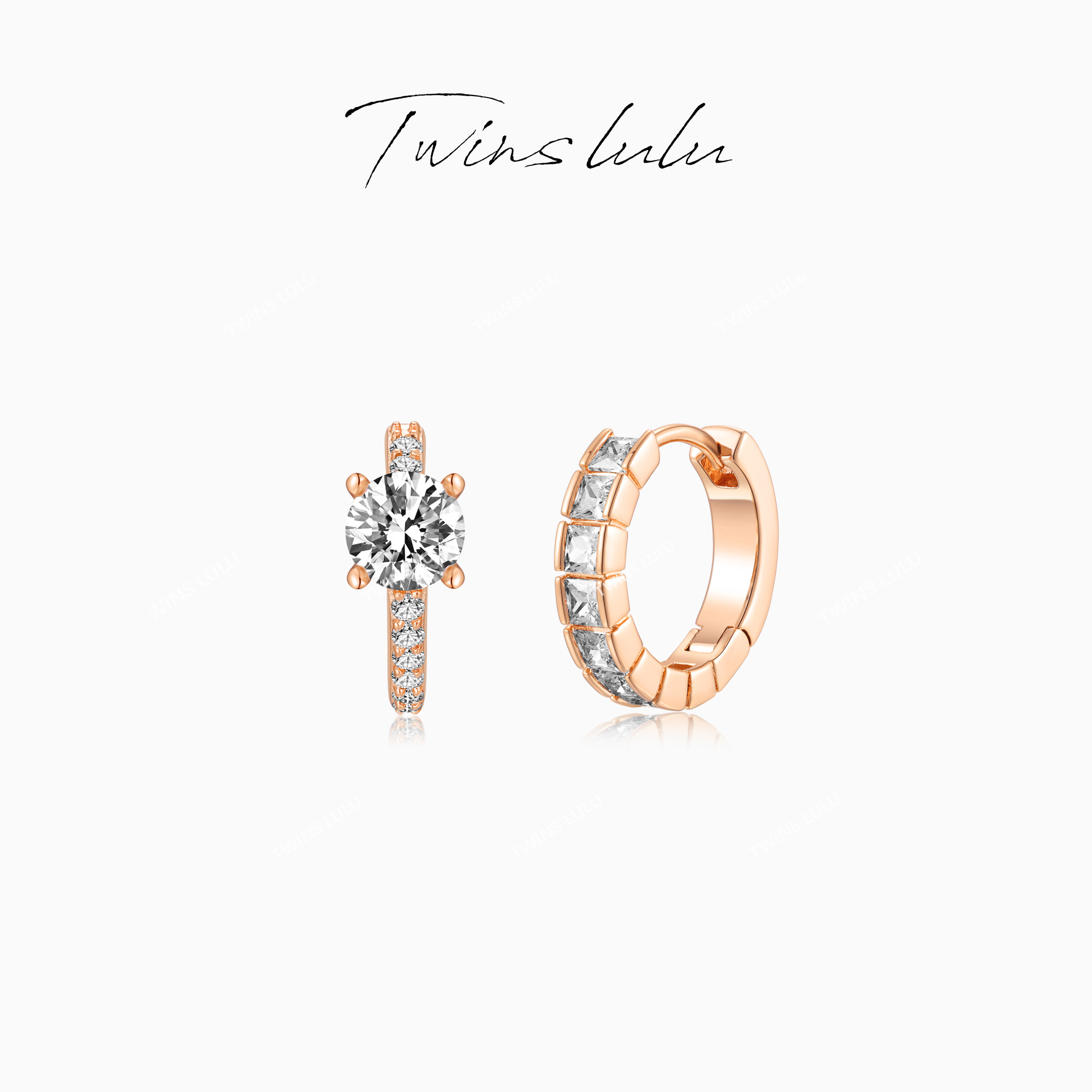 铜合金合成锆石耳饰 TWINS LULU 镀k金 AB款不对称圈圈耳环TSL868