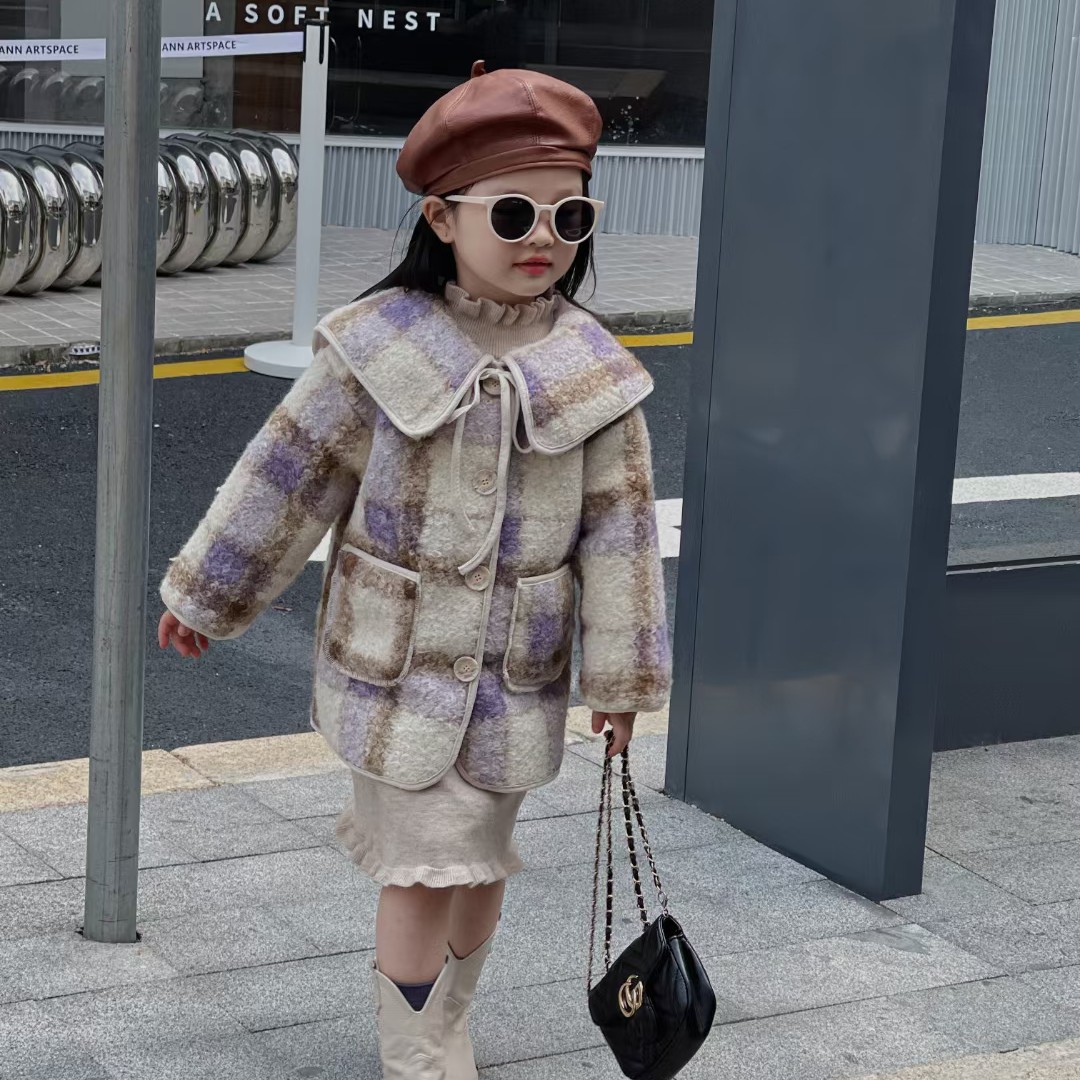女童毛呢格子兔毛外套扣号链接
