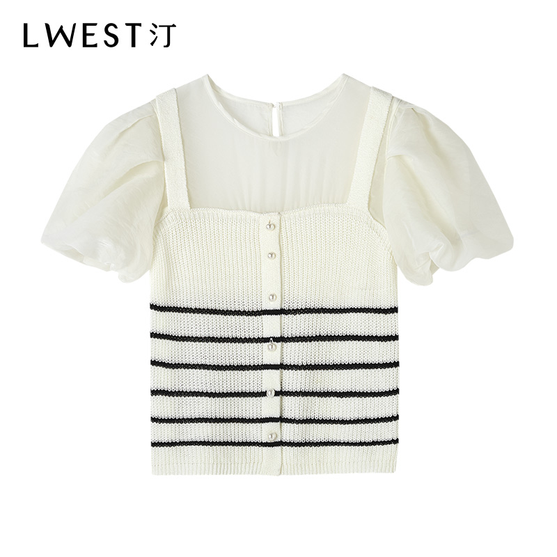 【品牌女装】朗文斯汀条纹假两件拼接针织衫LDMZ32012763