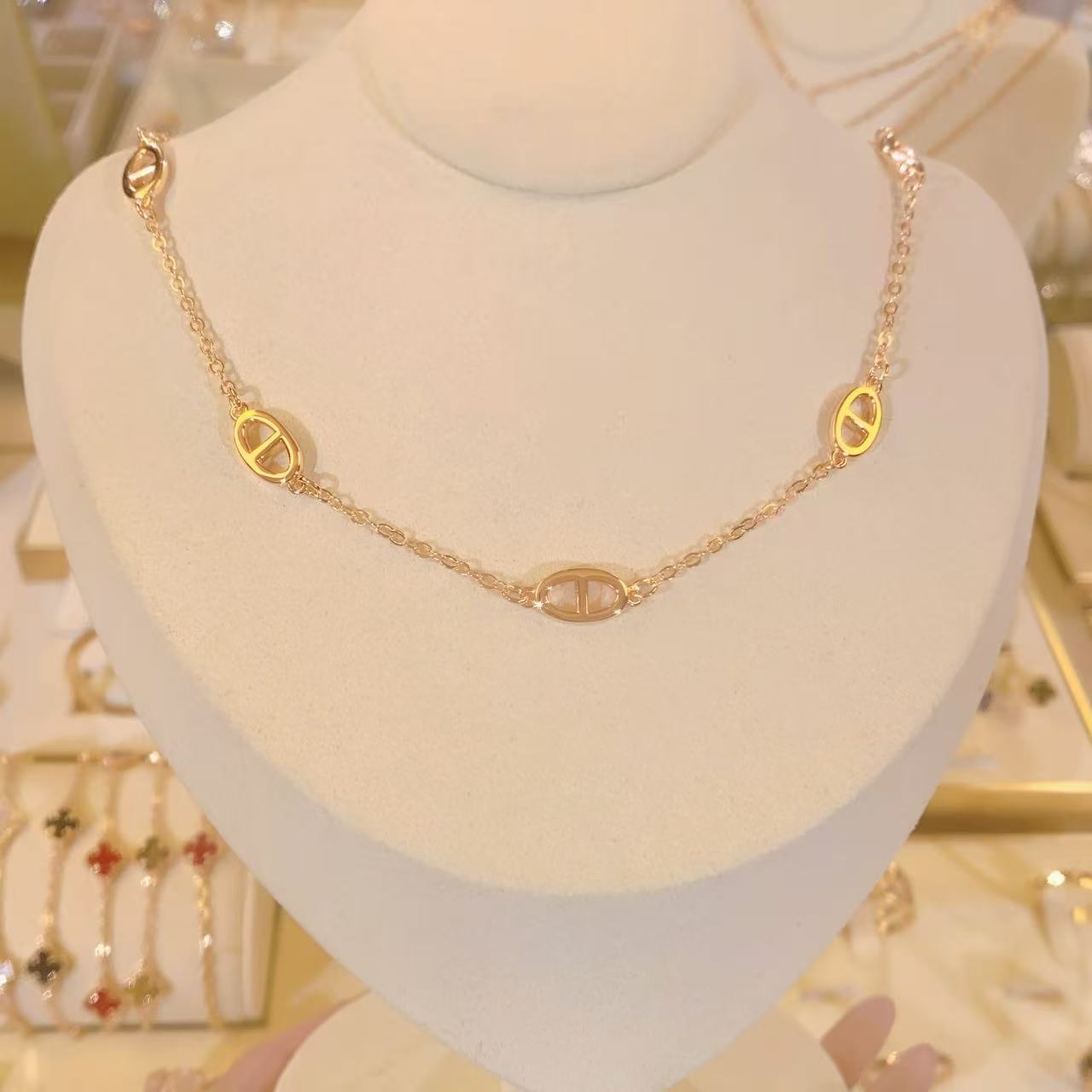 铜合金合成锆石项链 饰品手工金色猪鼻子项链链条轻奢百搭锁骨链