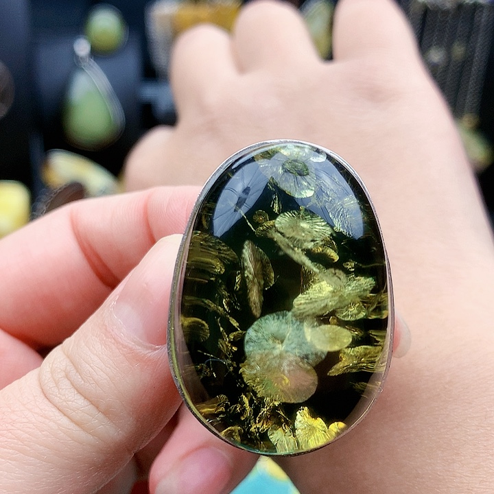 琥珀裸石银S925镶嵌戒指