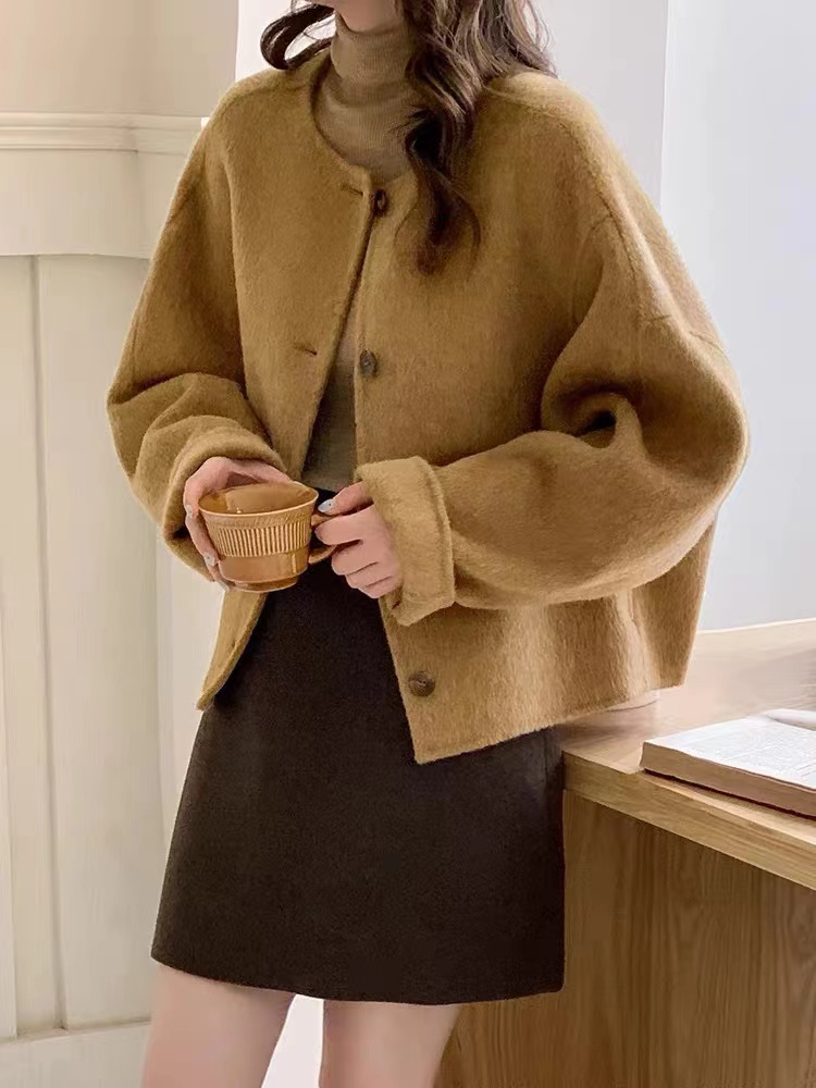 圆领短款双面羊毛大衣女2024冬季韩版宽松气质小香风ins毛呢外套