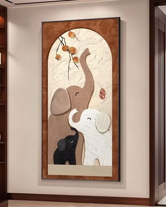 大象玄关装饰画入户正对门挂画走廊过道高级感壁画中古风T06