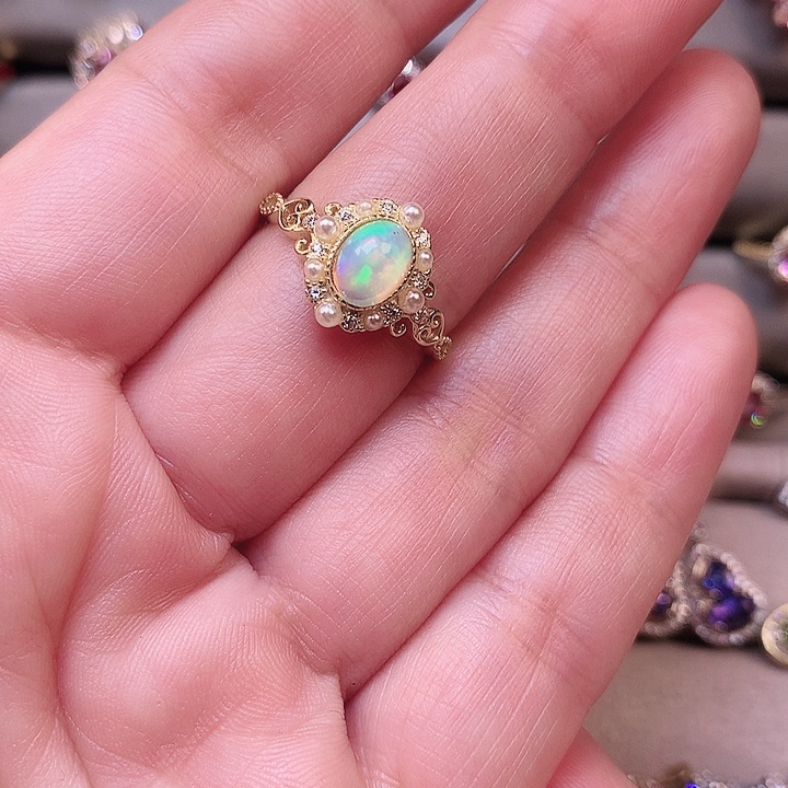 欧泊戒指银S925镀金镶嵌怪*咯