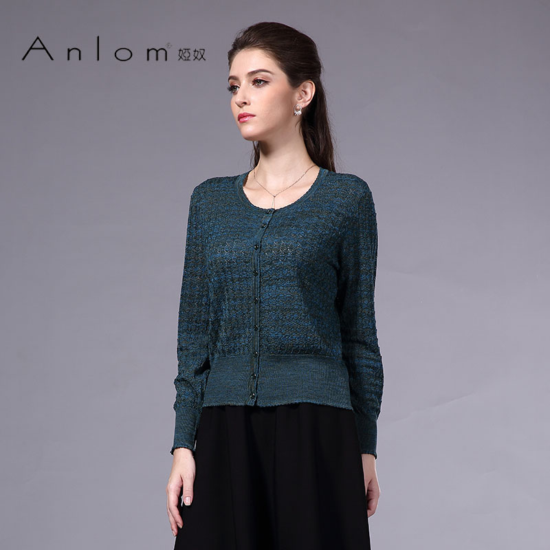Anlom/娅奴秋装新款时尚显瘦针织上衣女桑蚕丝长袖圆领修身开衫