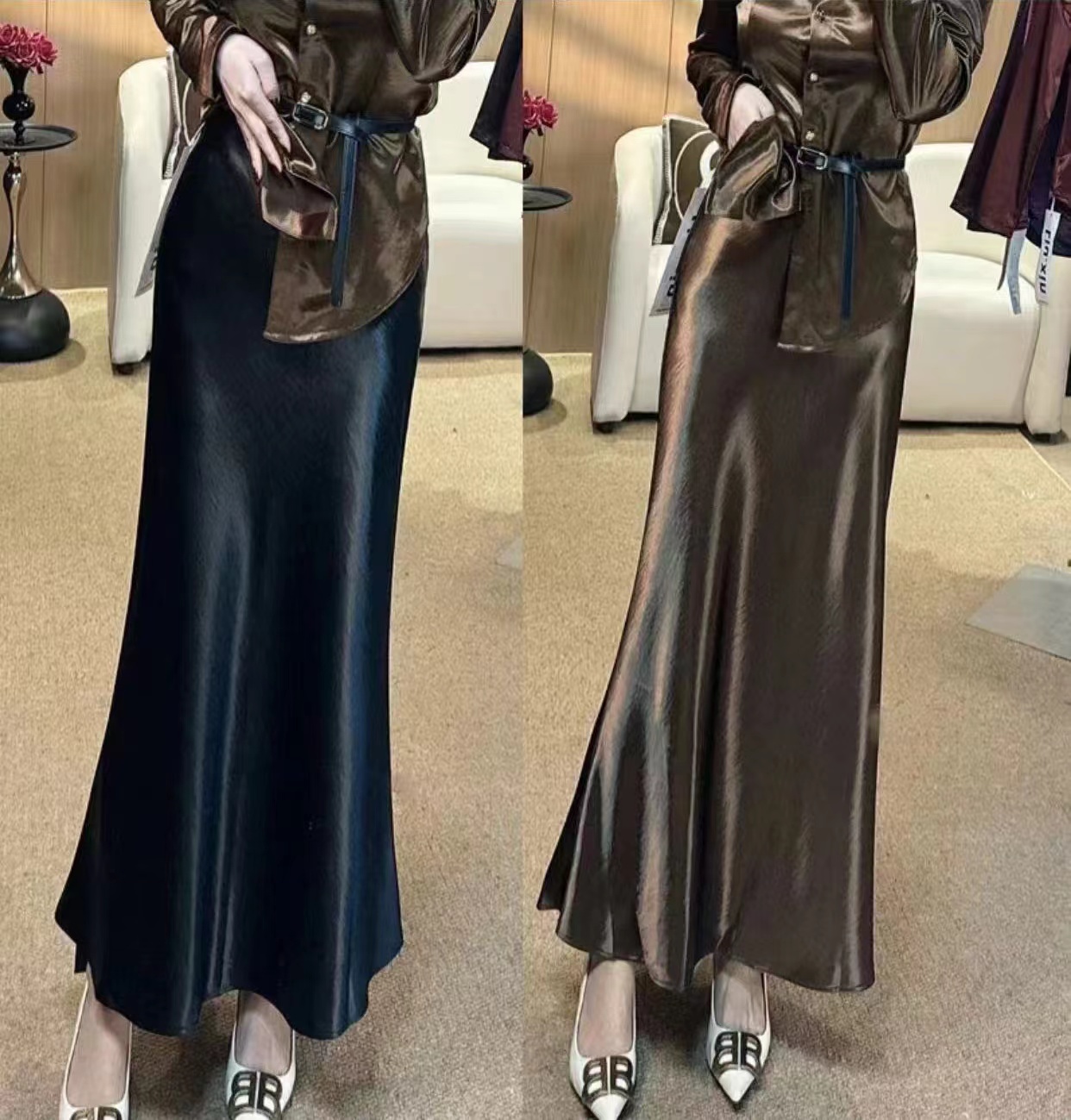 加厚醋酸缎面鱼尾半身裙秋冬新款高腰垂感百搭显瘦半身a字裙2622