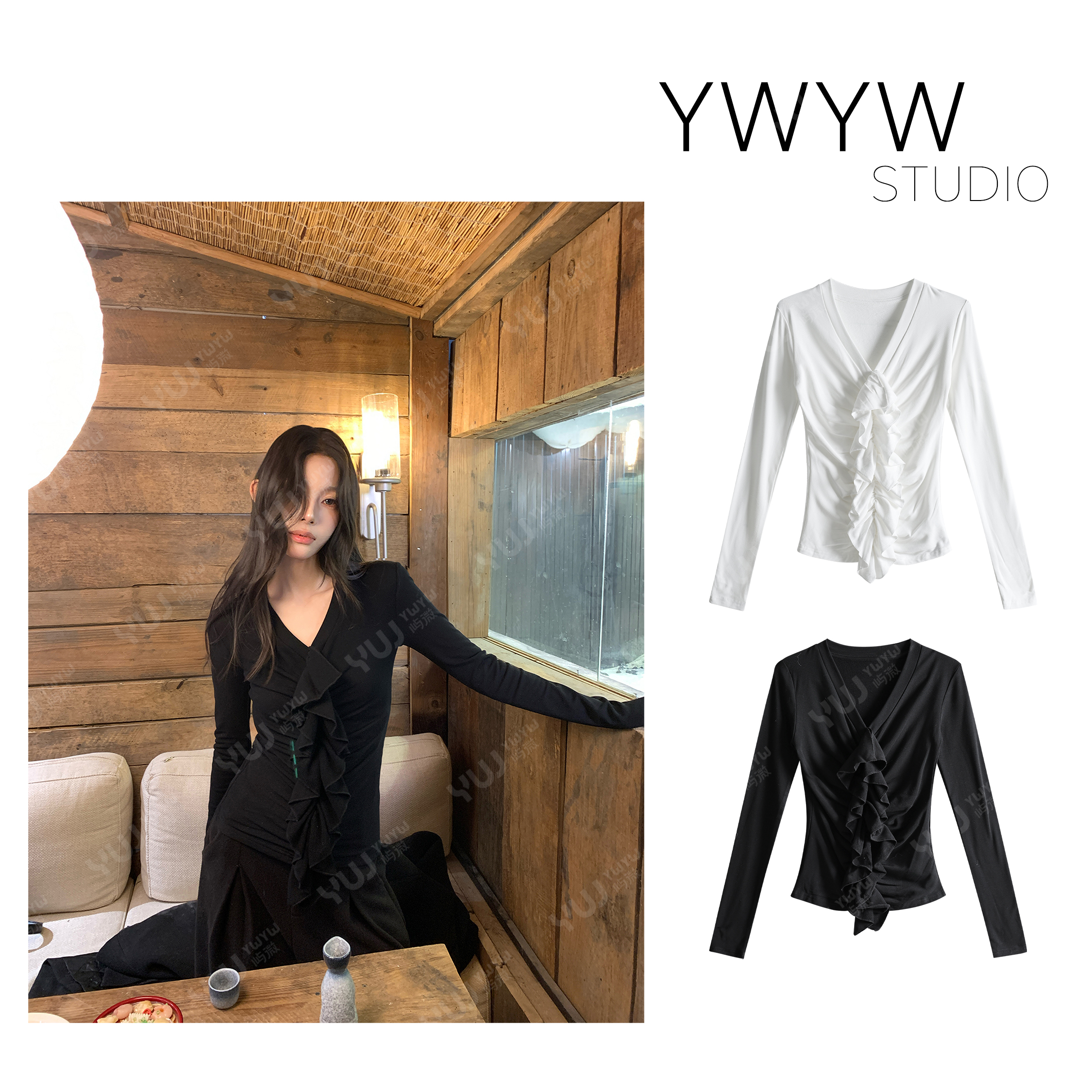 【YWYW25F/W】秋冬夹绒保暖深V领荷叶边长袖打底衫5951