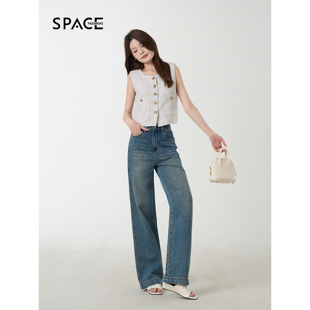 阔腿裤长裤牛仔裤春季高腰阔腿裤设计师高腰新复古风89181