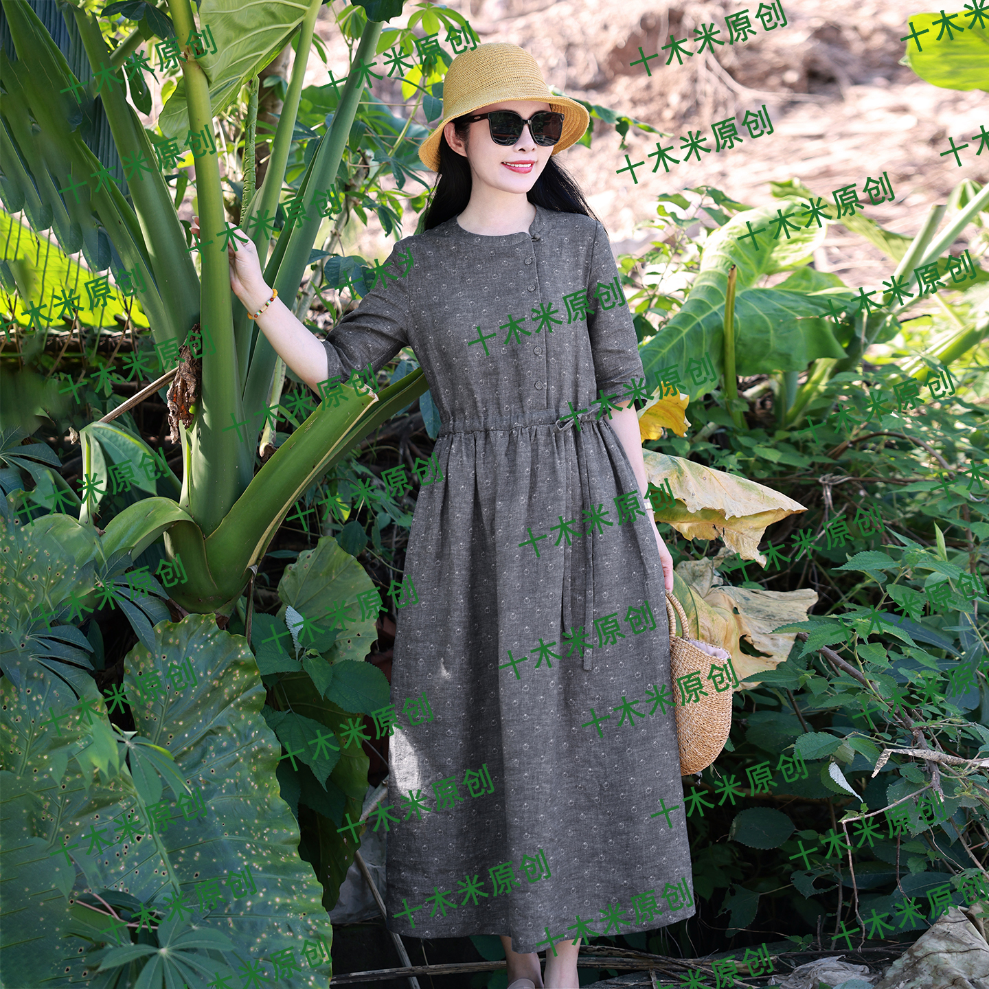 楚风/十木米原创夏新款百分百亚麻印花文艺优雅气质长款连衣裙