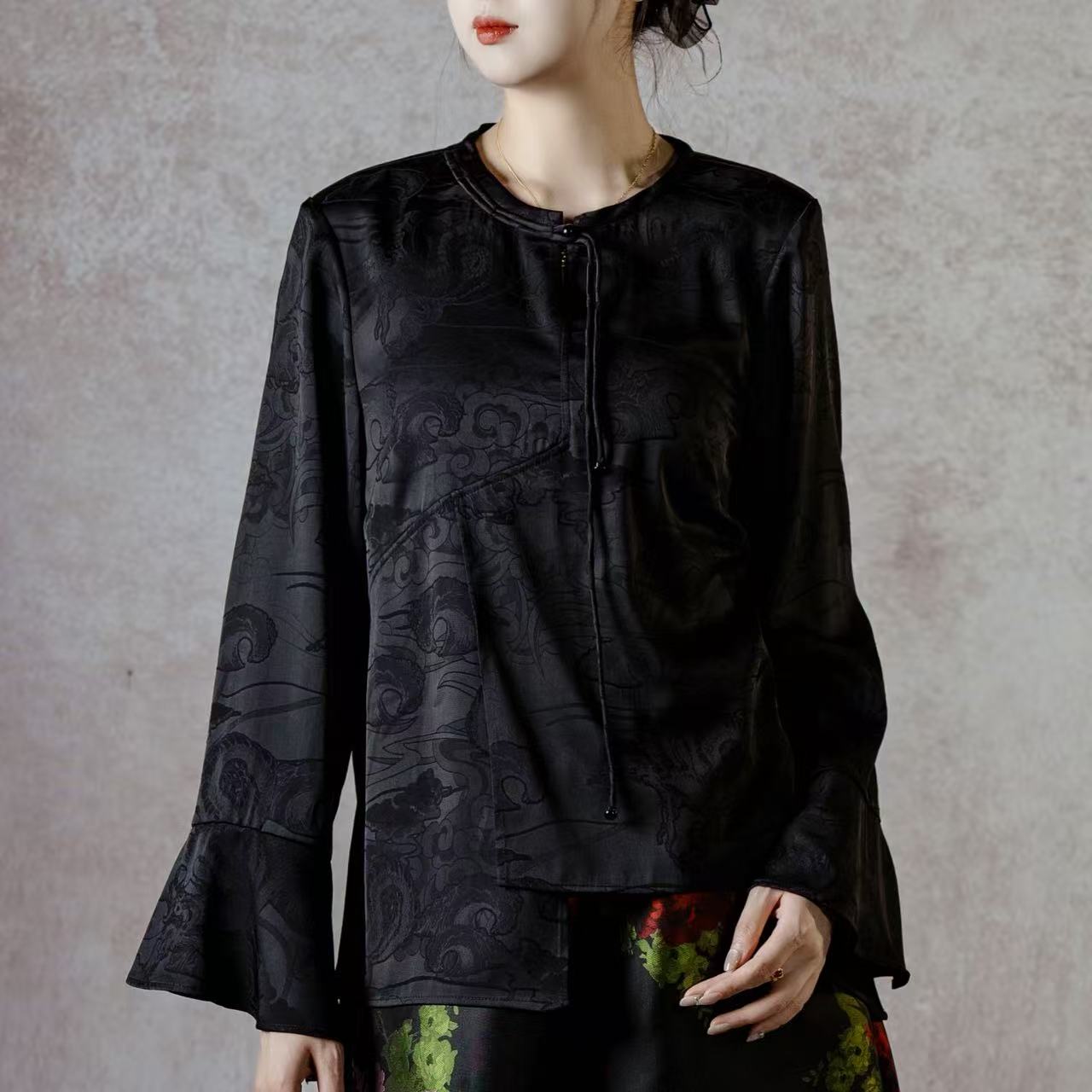 【玄黑墨染】原创设计黑色手工领花苞袖不规则下摆衬衣