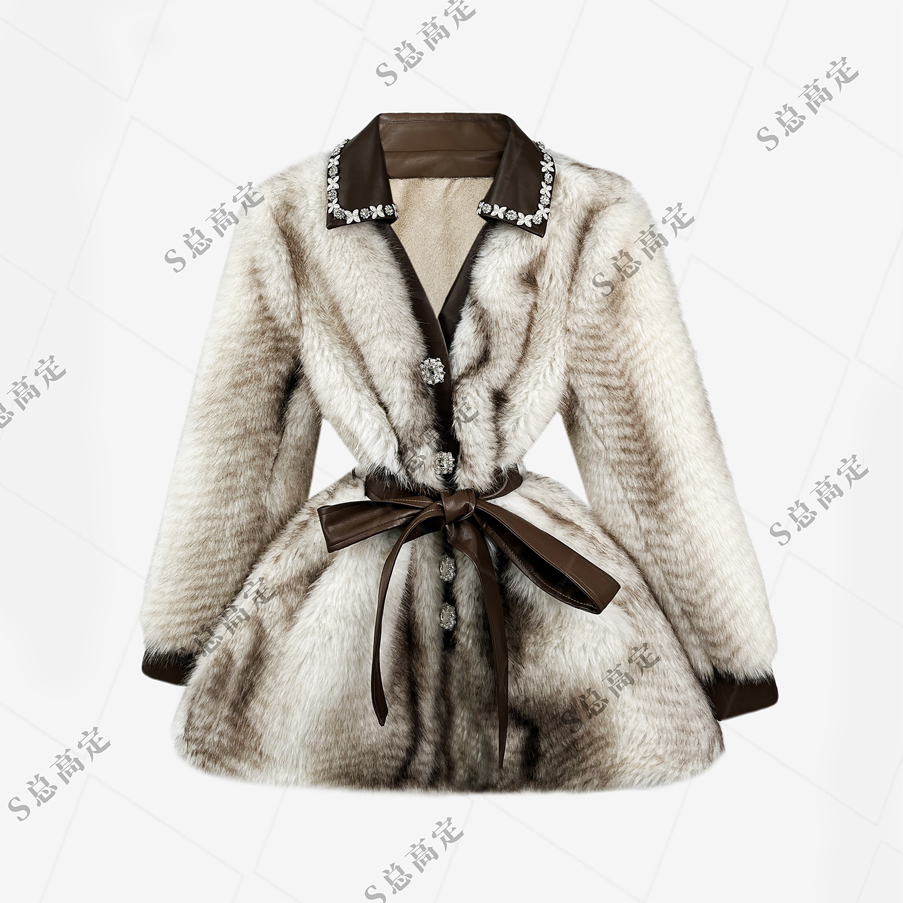 【周周专属】法式冬季轻奢拼接钉珠亮片艺束腰显瘦百搭外套D0349