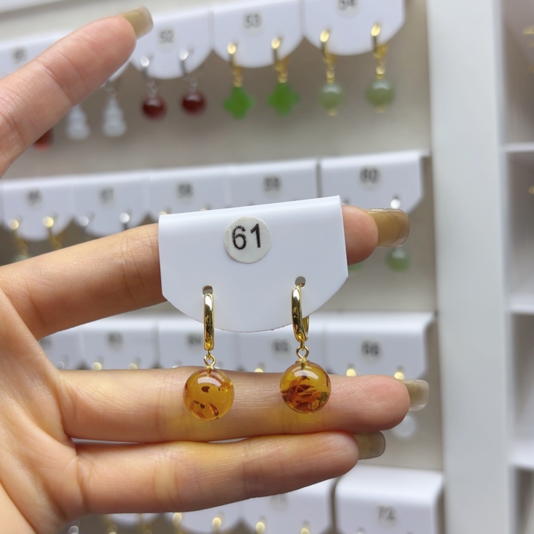 琥珀（花珀）银S925镶嵌耳饰