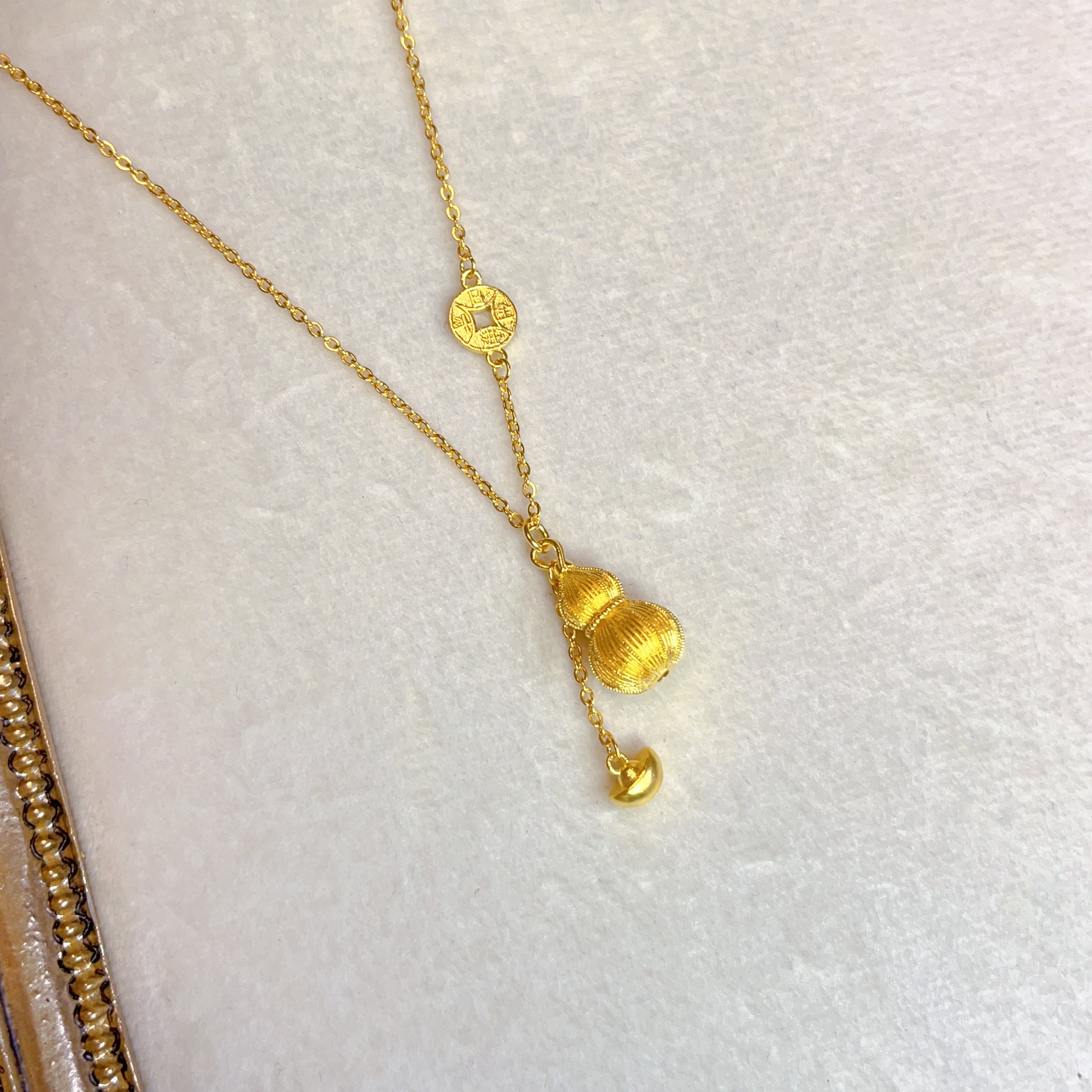 足金999.9拉丝南瓜纹葫芦流苏中式美学天花板葫芦套链