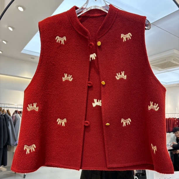 橘子家马上好运2025新中式红色短款双面毛呢马甲女秋冬精致时尚