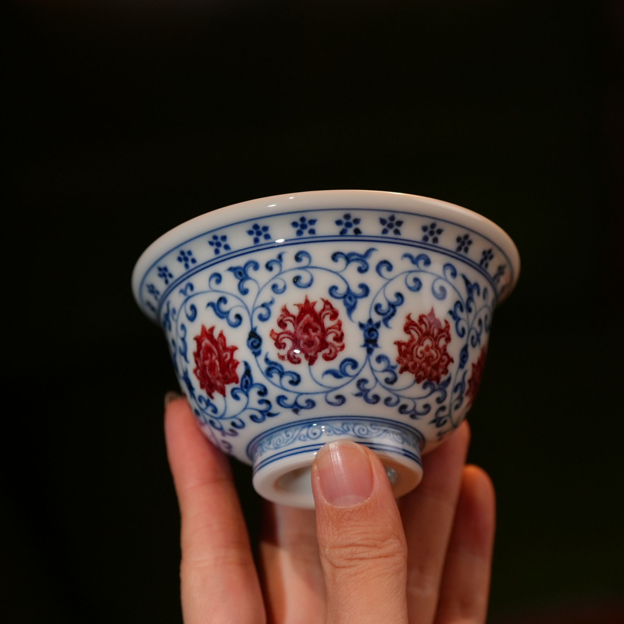 妙挚窑仿明永乐青花釉里红缠枝莲纹压手杯景德镇高端复刻手绘茶具