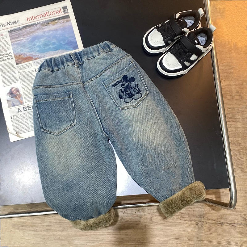 【小鹿家】B1111冬季儿童新款后袋米奇刺绣糕糕绒牛仔裤