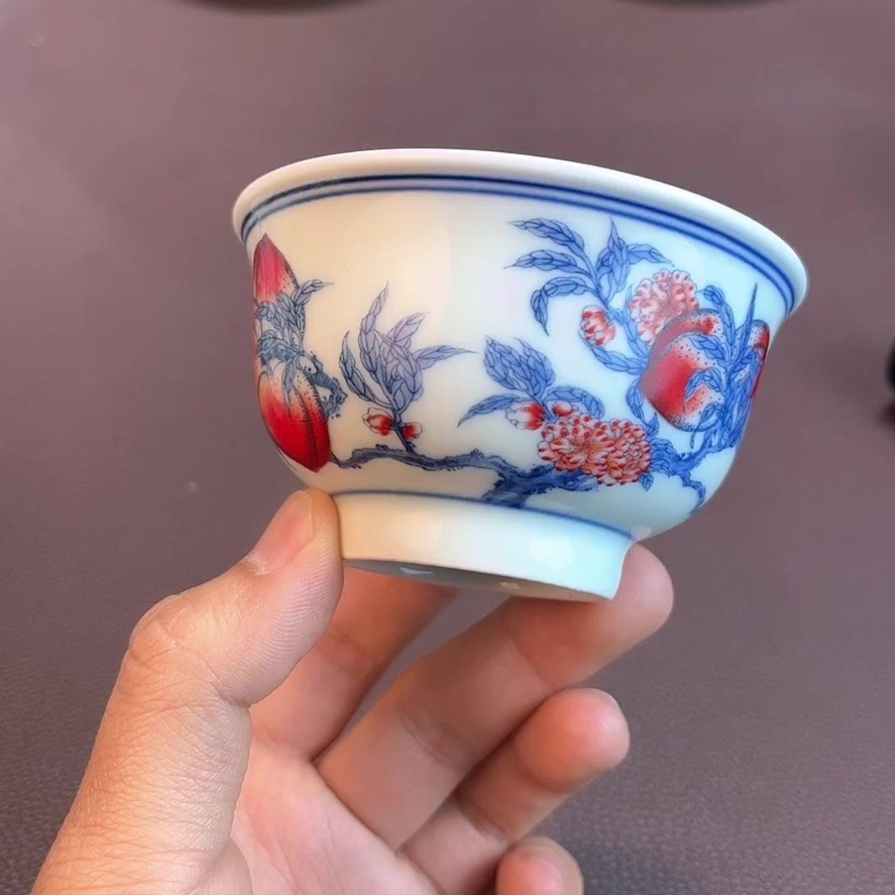景德镇手工手绘釉下彩九桃五福高端陶瓷茶具茶碗茶杯