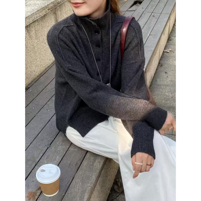 【段公子甄选】半扣针织高领羊毛开叉休闲宽松减龄毛衣5812