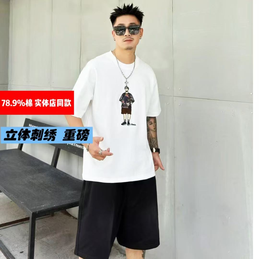 立体刺绣帅哥重磅圆领短袖2025深圳狼族夏新款痞帅高街微阔T恤男