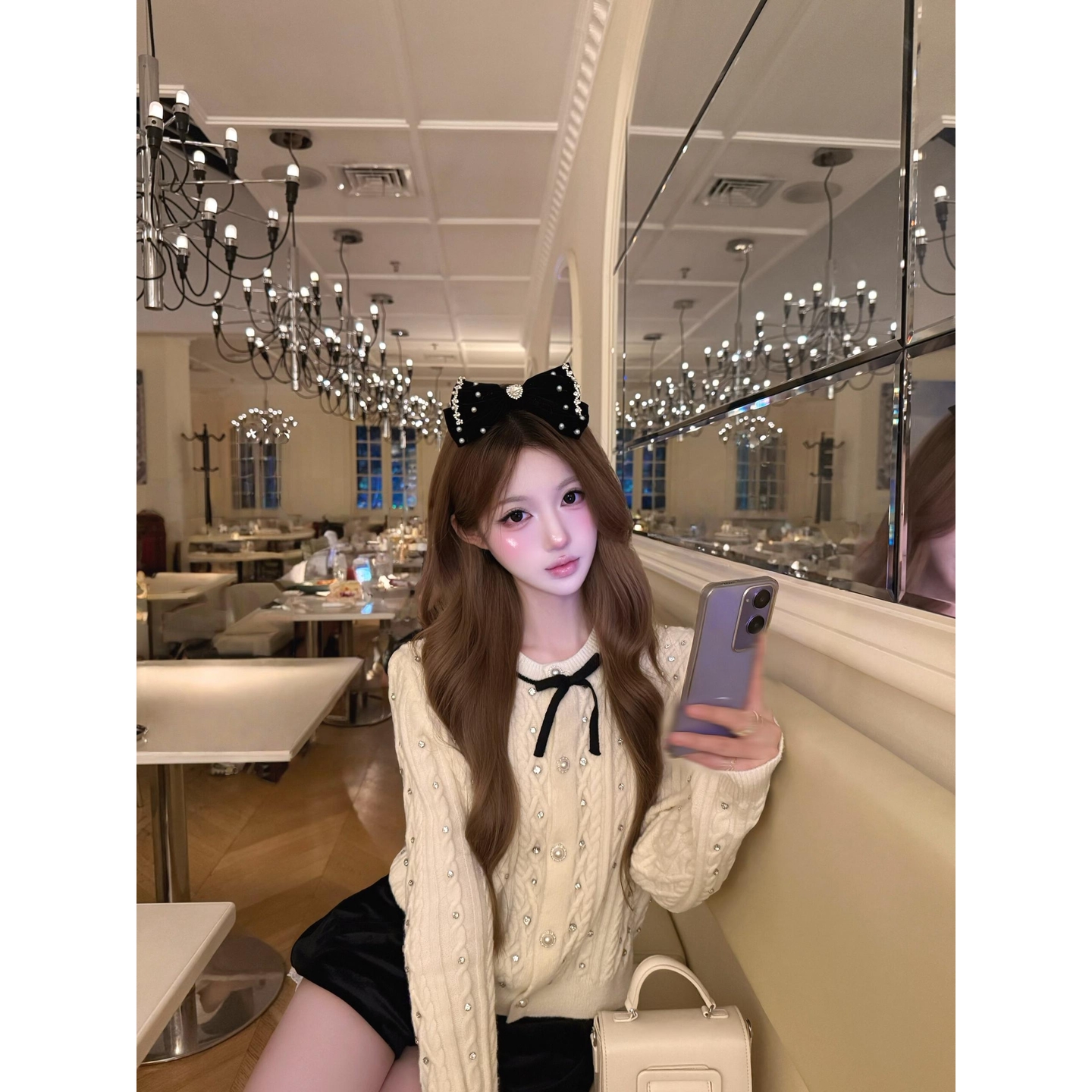 小香风蝴蝶结麻花烫钻针织开衫上衣女设计感小众修身毛衣外套秋季