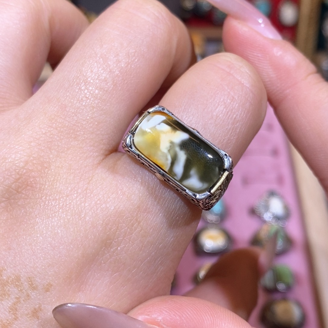 琥珀戒指银S925镶嵌斯**. 戒指