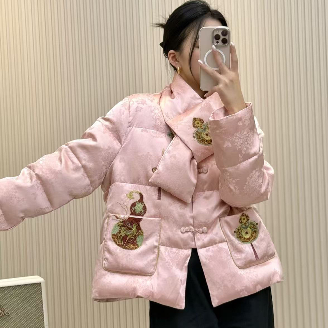 福禧 小葫芦刺绣可拆卸围脖提花长袖棉服外套女冬