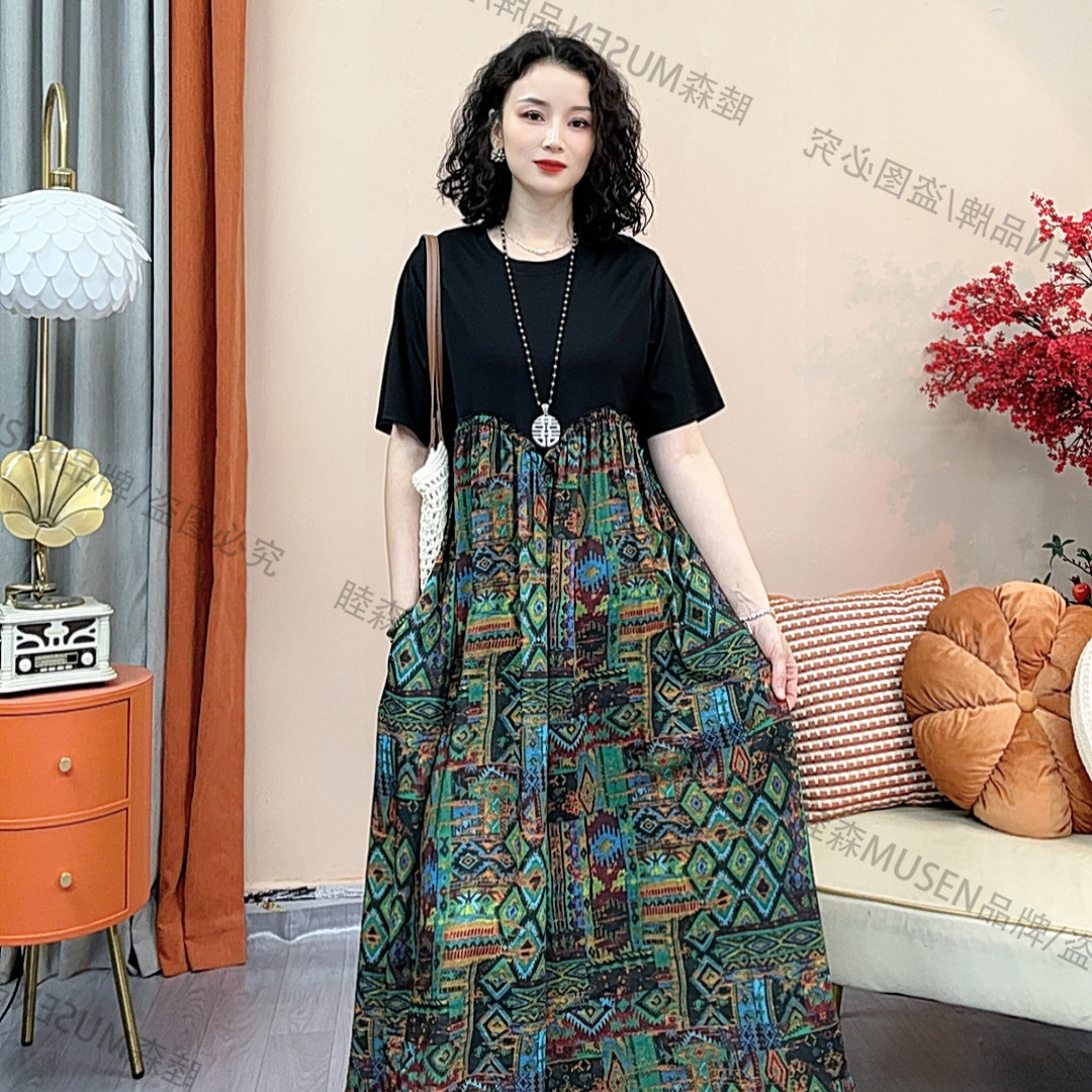 浪漫连衣裙度假风新中式夏装女士短袖拼色中年女装妈妈款海边穿搭