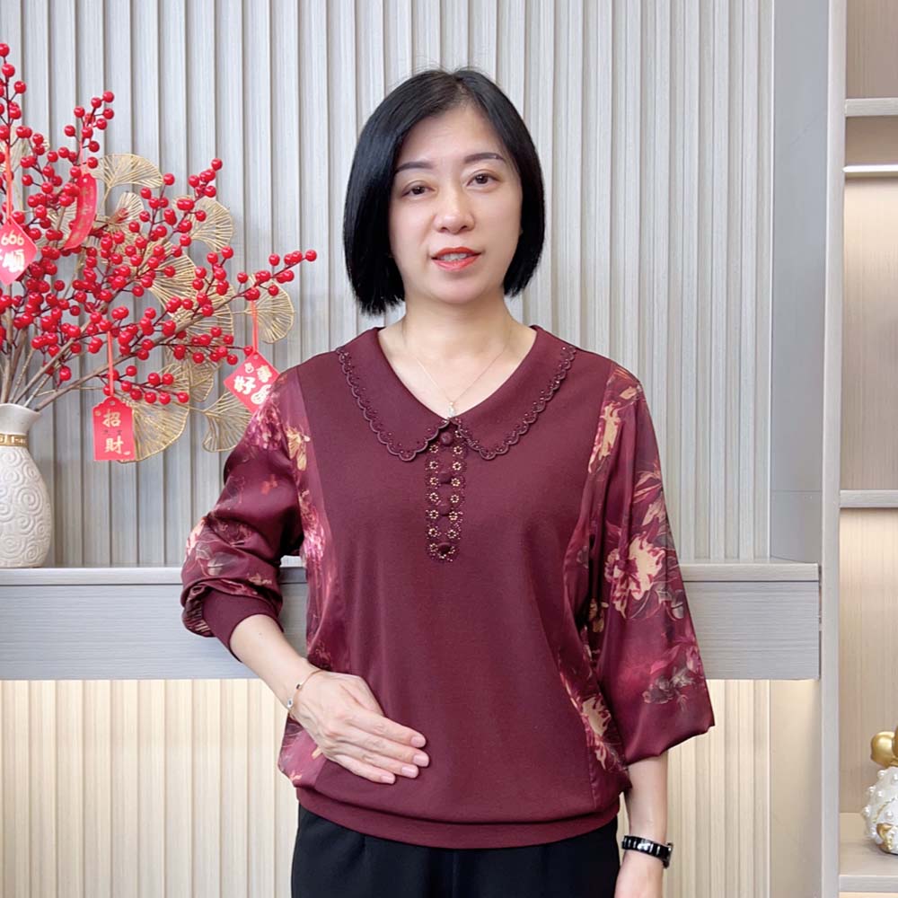 2025秋季新款洋气减龄宽松显瘦气质翻领烫钻印花中老年妈妈装上衣