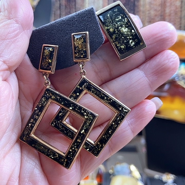 h***i琥珀银S925镶嵌耳饰套装