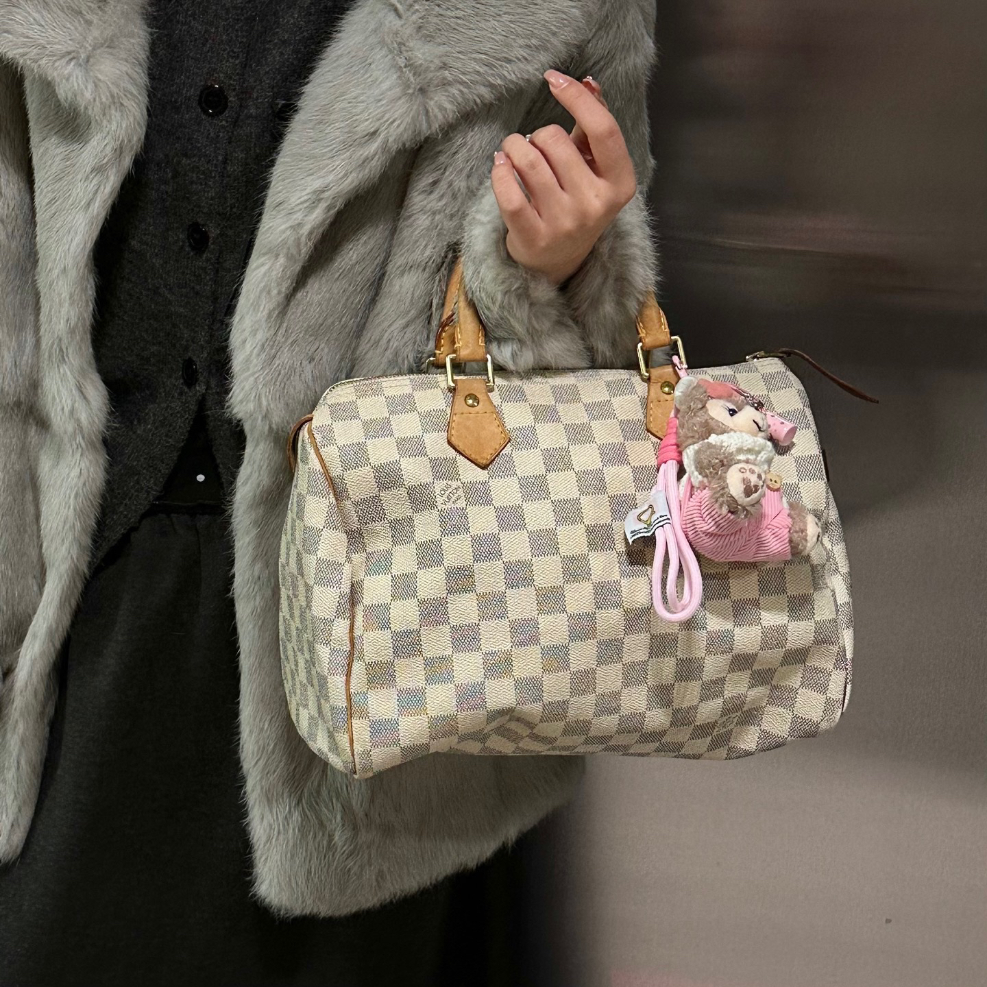 95新 LouisVuitton/路易威登 lv 白色全原棋盘格波士顿手提包