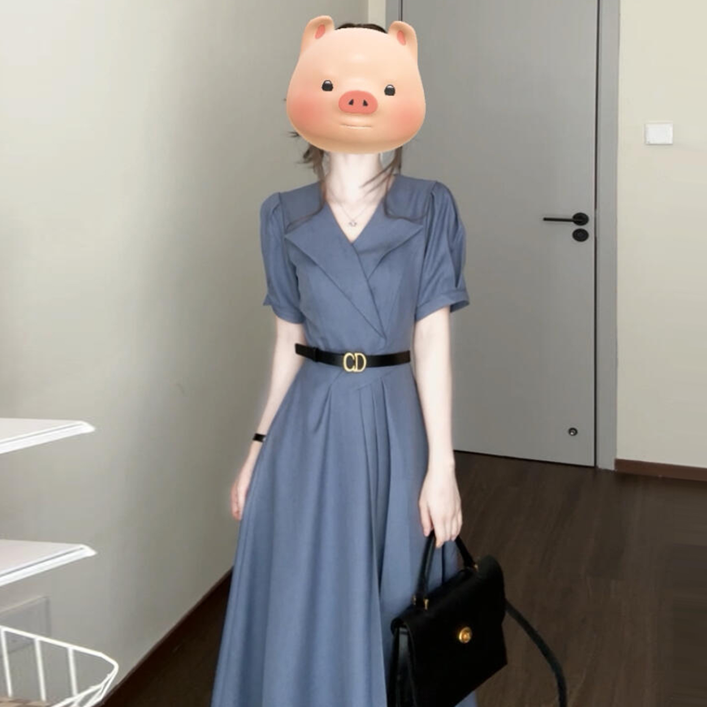 法式蓝色短袖衬衫连衣裙子女夏季2025新款小个子通勤穿搭气质长裙