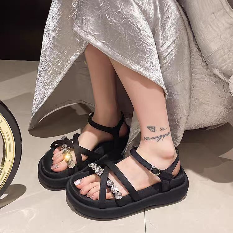 厚底镶水钻露趾凉鞋新款高级感百搭沙滩鞋交叉带仙女风A6-5928