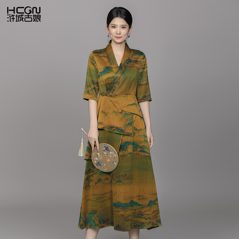 浒城古娘中式国风气质高贵优雅上档次清韵香云纱连衣裙-22B11172