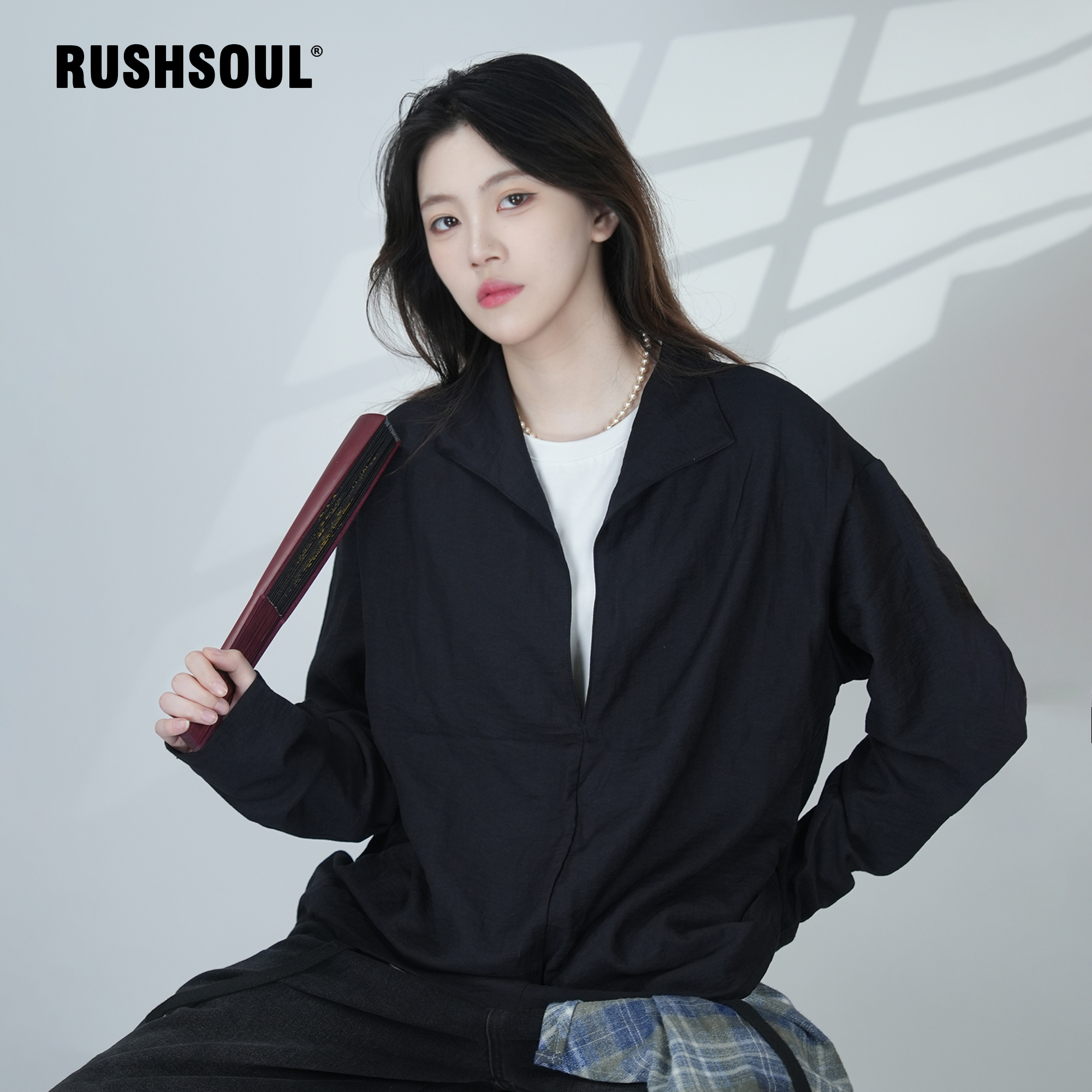 【V领假两件】RUSHSOUL秋季纯色日系休闲松弛感老钱风慵懒衬衫情侣