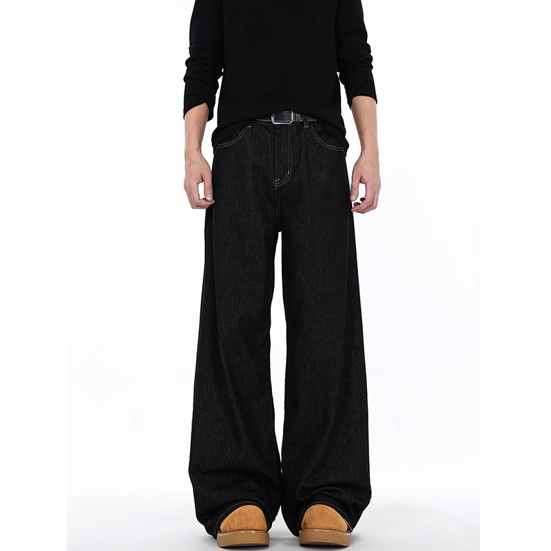 美式复古丹宁原色牛仔裤男款秋冬加绒cleanfit裤子宽松直筒阔腿裤