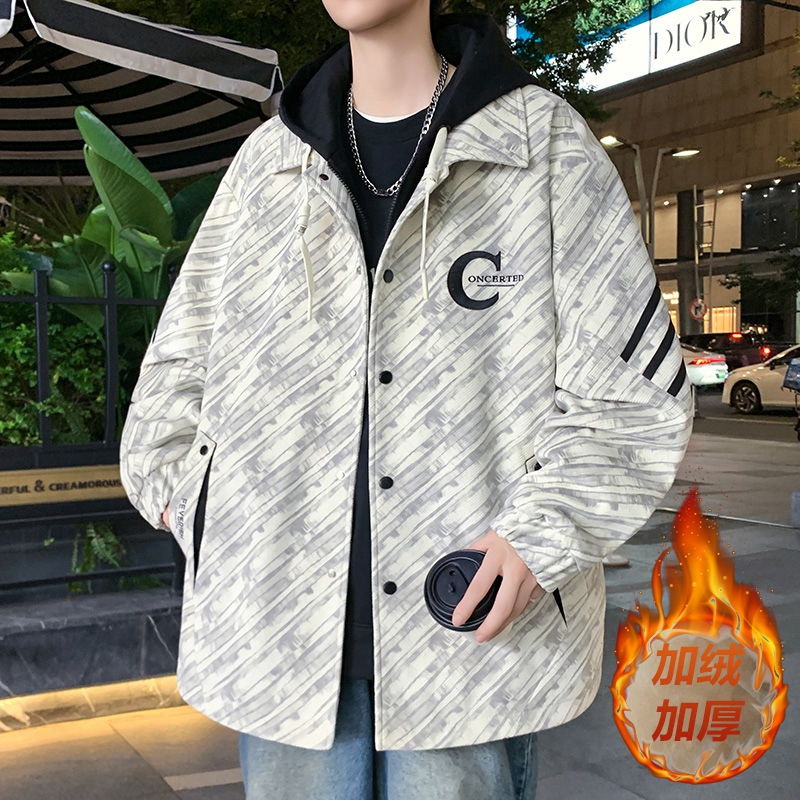 冬季上新青少年连帽加绒加厚夹克撞色宽松男生百搭保暖防风外套