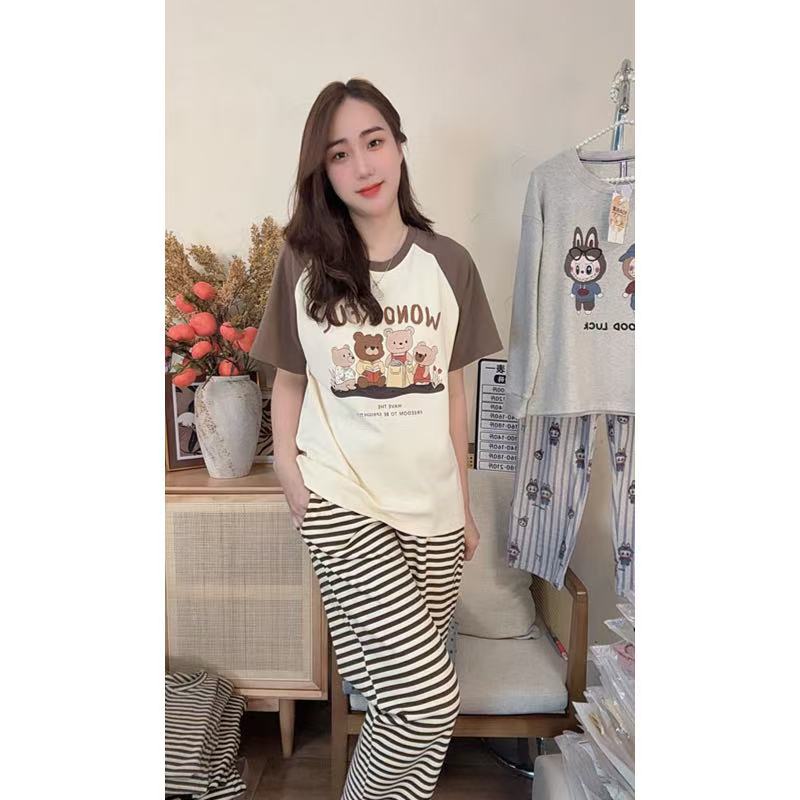 胸垫版睡衣女新夏季纯棉短袖长裤休闲可外穿家居服套装（小熊乐园）