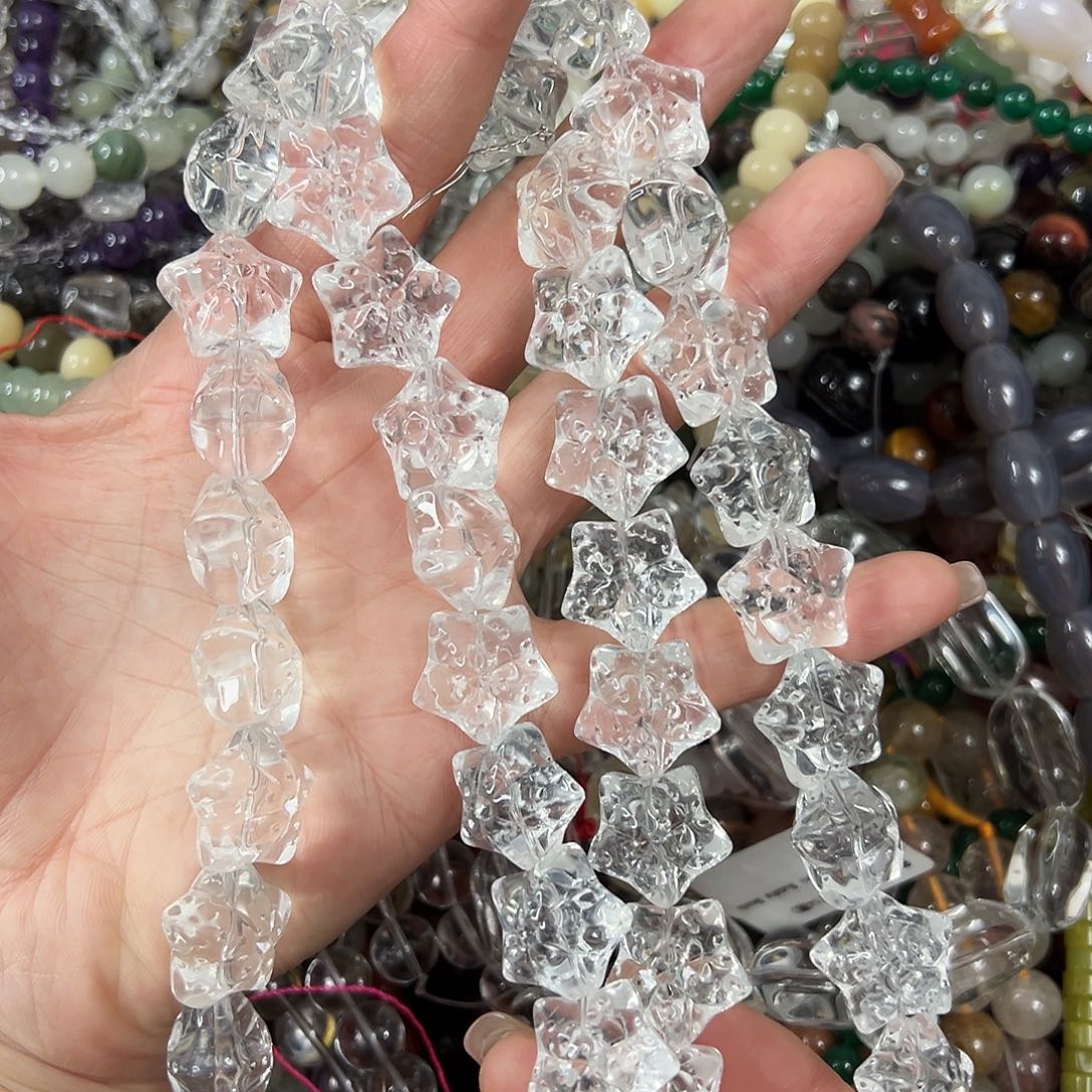 玛瑙/玉髓未镶嵌珠宝半成品，压电白水晶五角星大长条