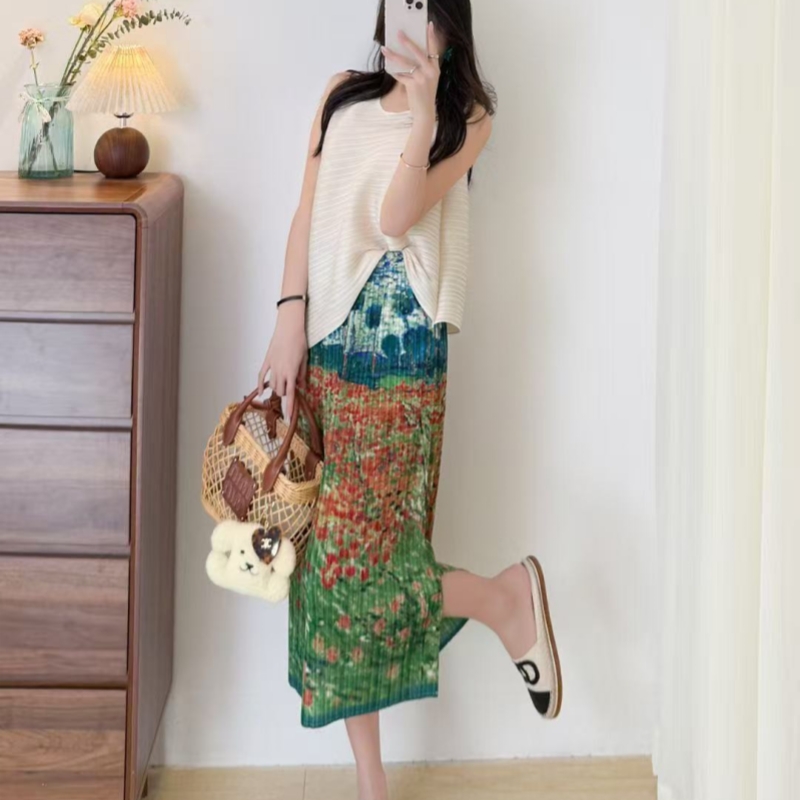 女装绿色半身裙褶皱时尚减龄百搭印花不起球可以搭配套装长82左右